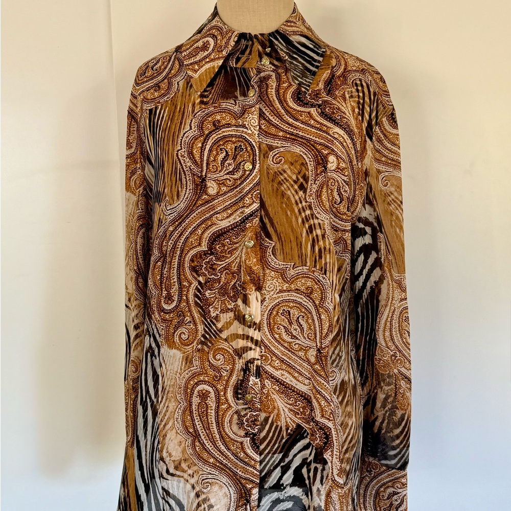 ST JOHN Paisley & Animal Print Silk Semi-Sheer Blouse
